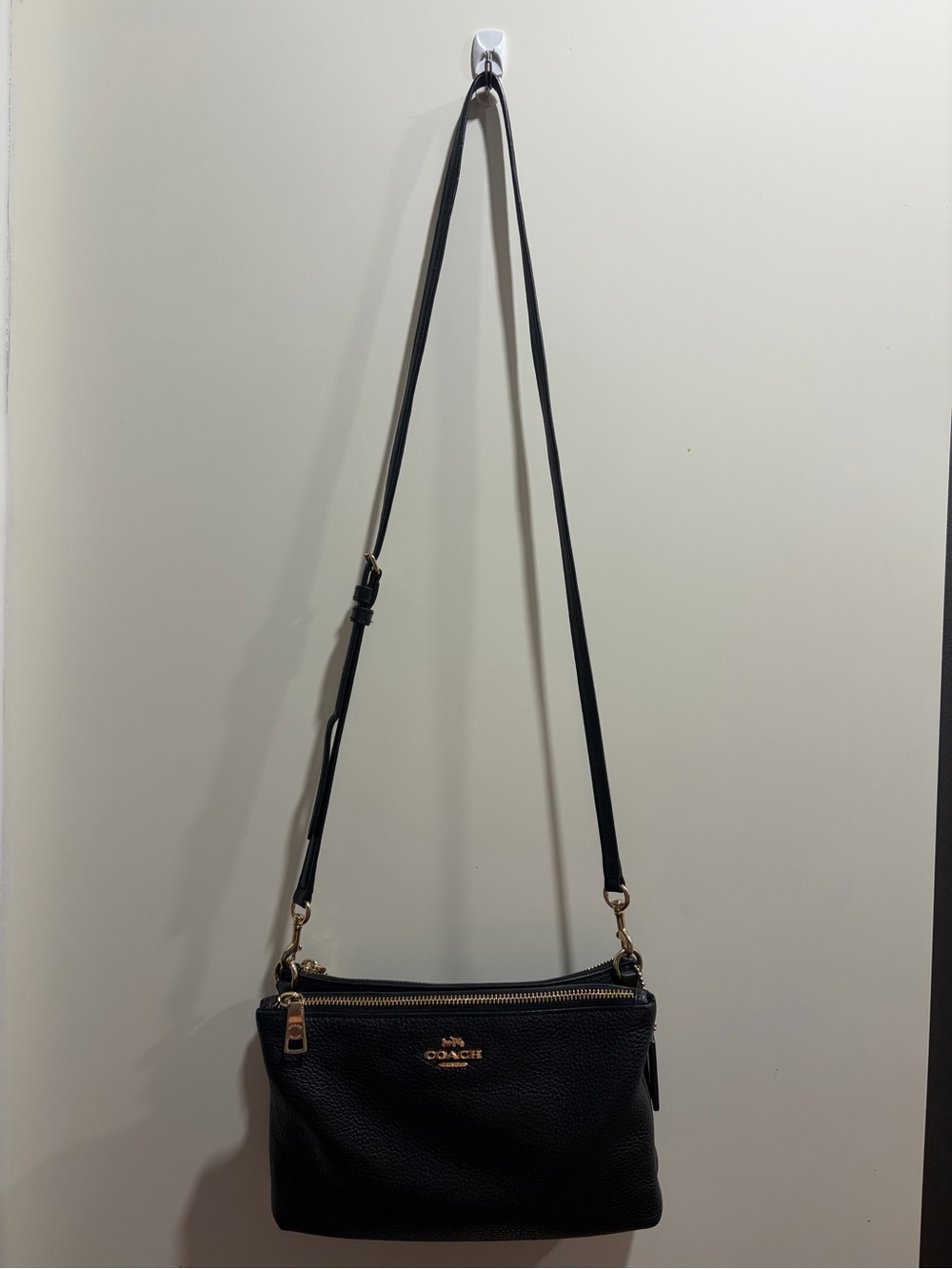 Coach Black Pebbled Leather Double-Zip Crossbody with Gold Hardware